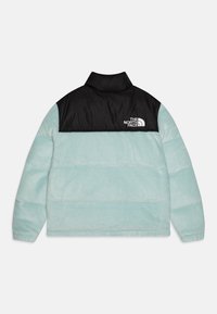 Jakna s podstavekom koja sadrži tijelo od svijetloplavog flisa i crnu najlonsku leđa. Logo The North Face u bijeloj boji prikazan je na leđima.