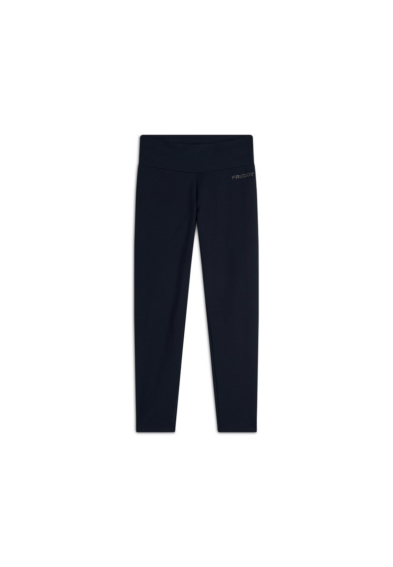Leggings di colore blu navy scuro, con una cintura larga, realizzate in tessuto elastico, con un piccolo logo sulla gamba sinistra.