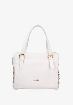 Weiße Lederhandtasche mit doppelten Trägern, goldenen Schnallendetails und dem "braccialini"-Logo mittig auf der Vorderseite.
