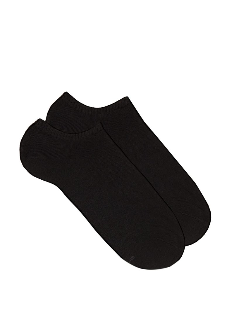 Schwarze Knöchelsocken aus einem weichen Material, mit einer glatten Textur und einem klassischen Design sowie elastischen Bündchen für einen sicheren Sitz.