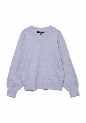 Maglione lilla con un design testurizzato caratterizzato da piccoli punti in rilievo. Ha un collo rotondo e maniche a palloncino con polsini a coste.