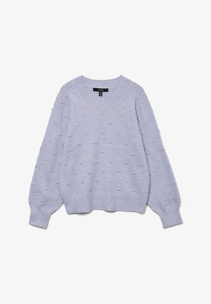 Hele lilla sviiter, millel on tekstuuriga disain, kus on väikesed, tõstetud täpid. Sellel on ümar kaelus ja puhv-sleeve'id soonikuga varrukates.