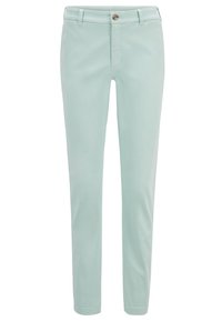 Ljust mintgröna bomullbyxor med rak passform, med en framknappstängning och bälteshållare. Slät textur utan mönster.