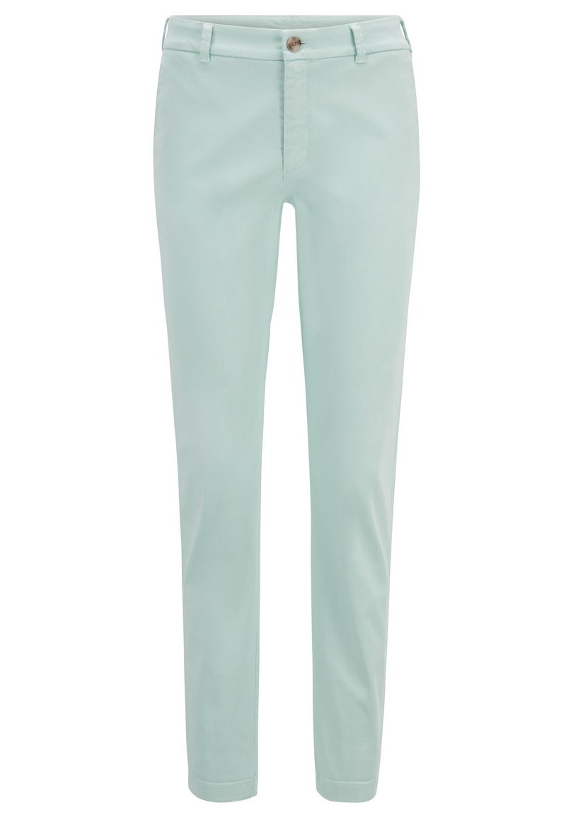 Ljust mintgröna bomullbyxor med rak passform, med en framknappstängning och bälteshållare. Slät textur utan mönster.