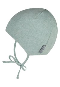Green cotton knit baby hat with a rounded shape, ear flaps, and ties for securing under the chin. Features a small branded tag.