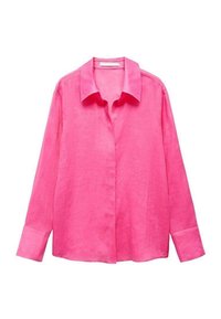 Chemise en lin rose avec une patte de boutonnage, manches longues et col classique. Le tissu texturé offre un aspect doux et respirant.