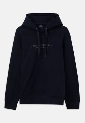 Sudadera azul marino con cordones y "Armani Exchange Milano / New York" impreso en el pecho, con puños y dobladillo de canalé.