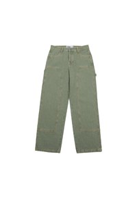 Grüne Denim-Hosen mit weitem Bein, die große aufgesetzte Taschen und gestickte Details aufweisen. Der Stoff hat eine strukturierte Oberfläche.
