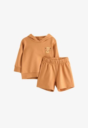 Set per bambini con felpa con cappuccio color sabbia di taglia per toddler con toppa a forma di faccia di ghepardo e pantaloncini abbinati con vita elastica, esposto su sfondo bianco.