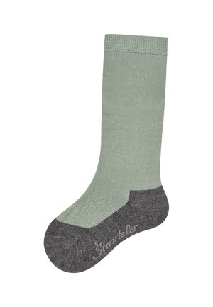 Grüne Baumwollsocke mit grauem Fersen- und Zehenbereich. Verfügt über einen gerippten oberen Rand und ein dezentes Logo auf dem grauen Stoff. Weicher Stoff, Knöchelhöhe.