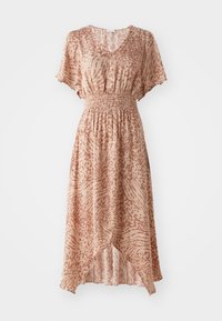 Vestido midi en suave tela melocotón con escote en V, mangas cortas y cintura con fruncido elástico. Decorado con acentos de estampado animal en marrón claro.