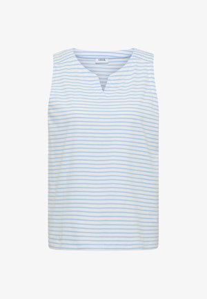 Top blanco sin mangas con finas rayas horizontales azul claro, escote con muesca y detalle elástico fruncido en las costuras de los hombros.