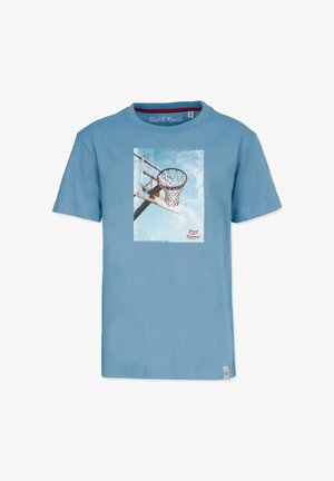 Blue short-sleeve t-shirt with a printed basketball hoop and net against a blue sky, including the "Band of Rascals" logo on the corner.