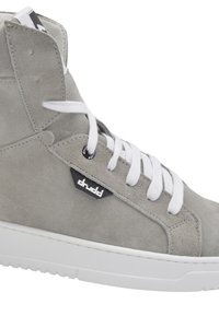High-top sneaker in light grey suede with white laces, a black logo patch, a textured surface, and a white rubber sole.