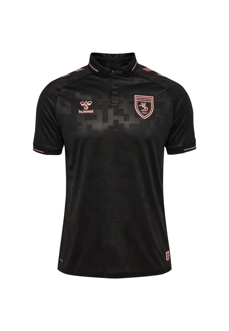 Svart sportströja med texturerat mönster, korta ärmar, krage och rosa detaljer. Har en logotyp på bröstet och varumärke på ärmarna.