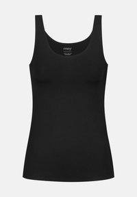 Zwarte tanktop van gladde, rekbare stof, met brede schouderbanden en een ronde halslijn voor comfort en veelzijdigheid.