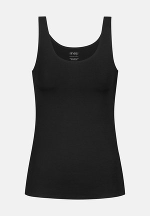 Schwarzes Tanktop aus glattem, dehnbarem Stoff, mit breiten Trägern und einem runden Ausschnitt für Komfort und Vielseitigkeit.