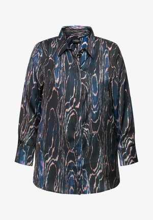 Langærmet skjorte med krave i blank sort stof med et abstrakt pink og blåt træmønster. Har en knappet stolpe og manchetter.