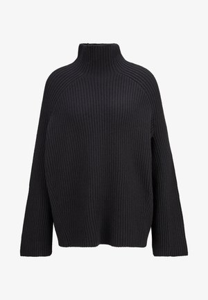 Pull en maille côtelée noire, épais et chunky, avec col roulé haut et manches longues, coupe ample, fabriqué en fil épais.