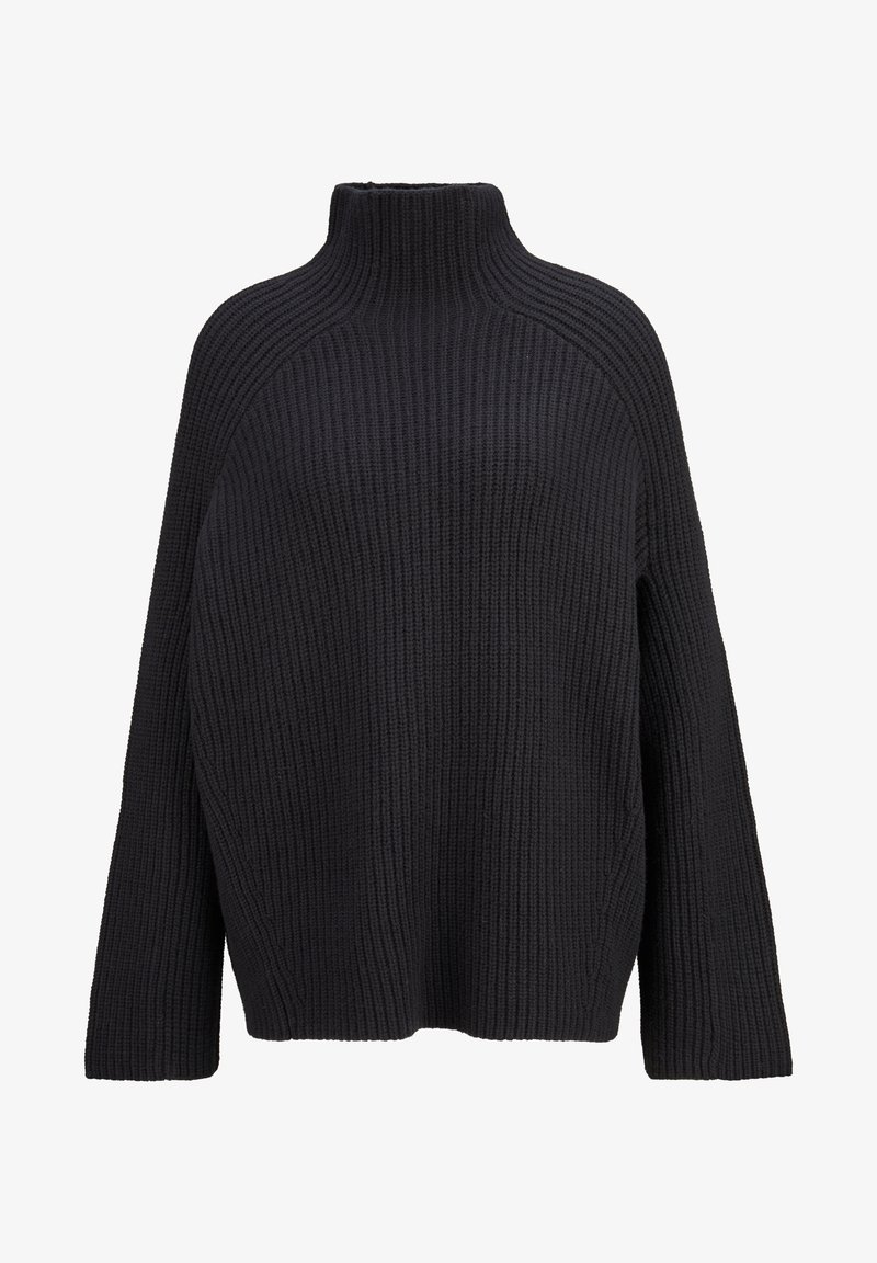 Pull en maille côtelée noire, épais et chunky, avec col roulé haut et manches longues, coupe ample, fabriqué en fil épais.