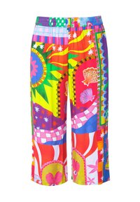 Pantaloni ampi e colorati con un mix di motivi vivaci in rosso, verde, blu e giallo, dotati di una vita elastica e di un tessuto leggero.
