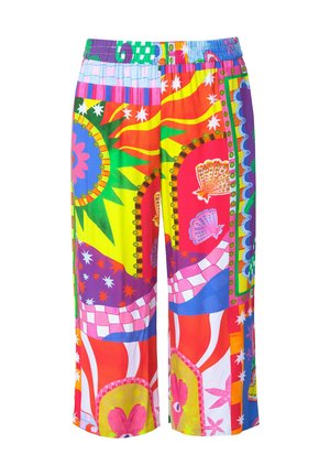 Pantaloni ampi e colorati con un mix di motivi vivaci in rosso, verde, blu e giallo, dotati di una vita elastica e di un tessuto leggero.