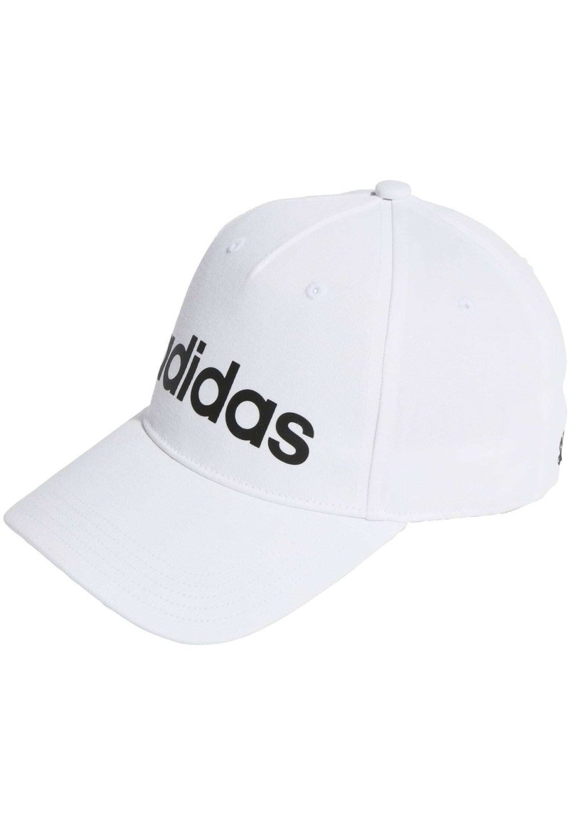 White baseball cap made of fabric with a curved brim, featuring a black "adidas" logo on the front and small eyelets on the crown.