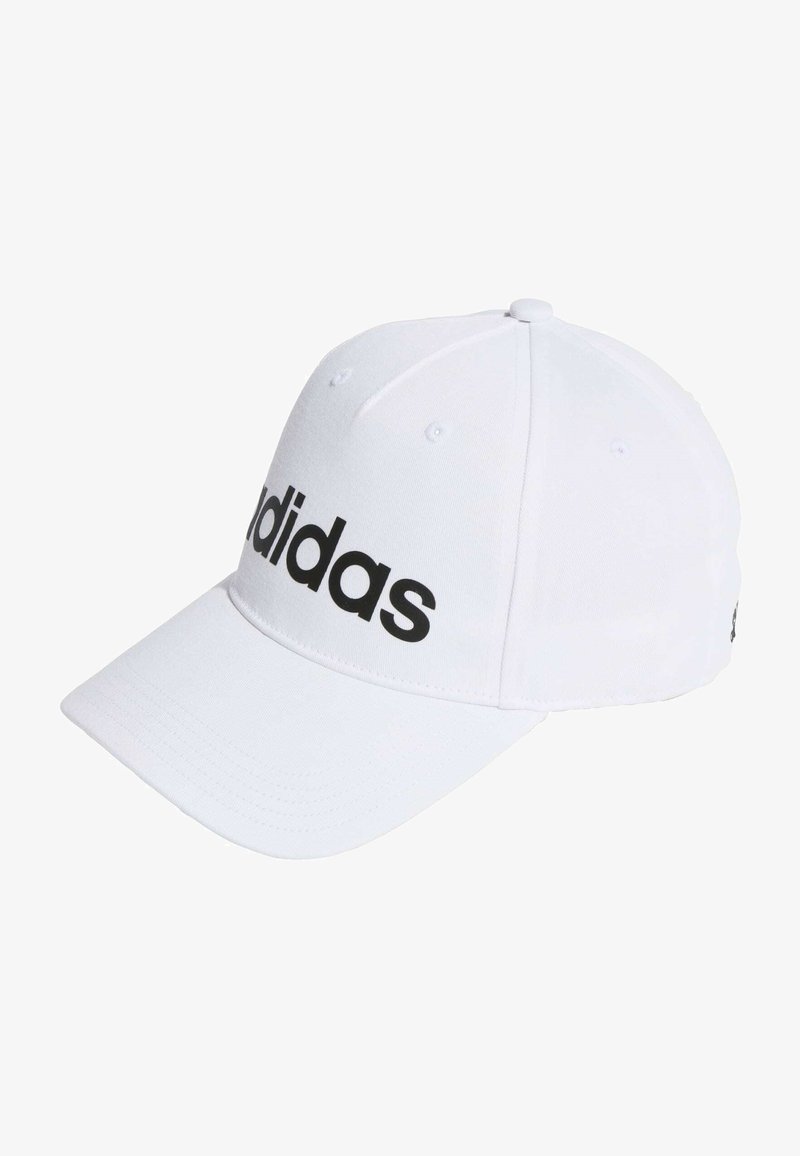 White baseball cap made of fabric with a curved brim, featuring a black "adidas" logo on the front and small eyelets on the crown.