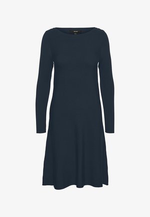 Vestido largo de manga larga en color marino con escote redondo, dobladillo acampanado y textura acanalada. Diseño sencillo, tela suave, adecuado para diversas ocasiones.
