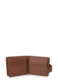 Brown leather wallet with multiple card slots, a snap closure, and a smooth texture. Features embossed logo on the lower left.