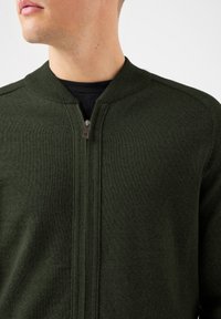 Mężczyzna w ciemnozielonym swetrze zapinanym na suwak, noszącym czarną koszulę, pokazany od szyi do połowy torsu na białym tle.