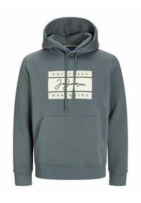Grijze hoodie met een voorzak, een capuchon met koord, en een witte rechthoekige grafiek met de tekst "ORIGINALS WORLDWIDE" en een handtekening.