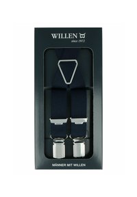 Navy adjustable suspenders made of elastic fabric, featuring silver metal clips and a triangular center connector. Packaged in a black box.