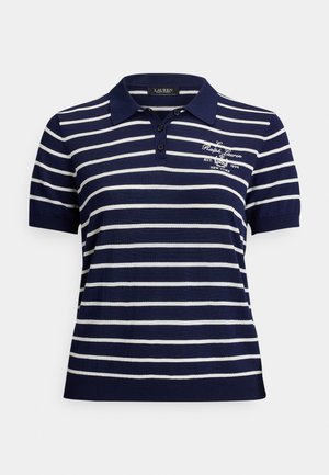 Marineblå og hvide horisontale stribede polo i kortærmet med krave, tre knapper og broderet "Ralph Lauren" logo på brystet.