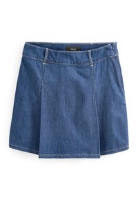 Tummansininen farkkuinen mini-hame, jossa on levenevä muotoilu, litteä vyötärö ja näkyvillä olevat saumurivedokset. Merkkilogo näkyvissä sisäpuolella.