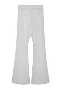 Graue ausgestellte Hose aus weichem Stoff, mit breitem Bund und glatter Textur, am Saum ausgestellt geschnitten.