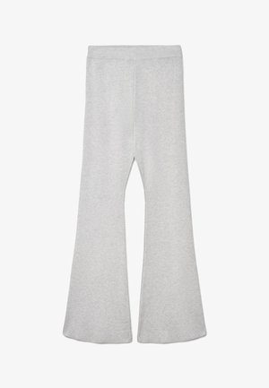 Gray flared pants made of soft fabric, featuring a wide waistband and a smooth texture, cut to flare at the hem.
