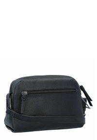 Borsa a tracolla nera in pelle con finitura testurizzata, una tasca frontale con zip, design minimalista e tracolla regolabile per un trasporto facile.