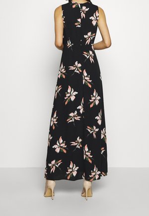 Black floral maxi dress with sleeveless design, featuring pink and green flower patterns. Smooth fabric with a flowy silhouette and a back zipper.