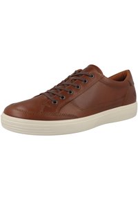 Brune lædersneakers med lav profil, rund tå og hvid gummisål. Har metaløjner og matchende snørebånd. Klassisk design.