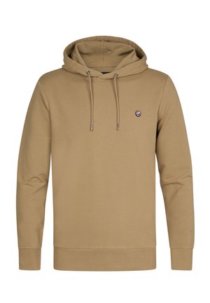 Sudadera beige de tela suave con bolsillo canguro, cordones ajustables y un pequeño logo circular en el pecho.