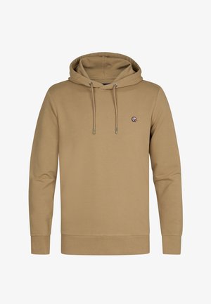 Beige hoodie van zacht materiaal met een kangoeroezak, verstelbare koordjes en een klein rond logo op de borst.