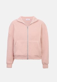 Jachetă fleece cu fermoar, de culoare roz pal, cu guler înalt, două buzunare frontale și manșete și tiv côtelés pentru o potrivire lejeră.