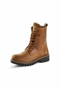 Braune Leder-Ankleboots mit Schnürdesign, runder Zehenpartie, seitlicher Naht und Gummisohle. Kunstfellfutter an der Oberseite.