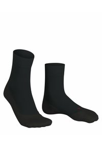 Calcetines de tripulación negros con un diseño acanalado, que cuentan con una plantilla negra acolchada y un pequeño acento rojo en el lateral. Fabricados con material elástico.