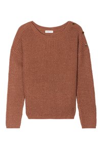 Pull rust avec un motif de tricot texturé, grand col et trois boutons décoratifs sur l'épaule. Manches longues et poignets côtelés.