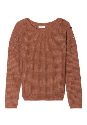 Pull rust avec un motif de tricot texturé, grand col et trois boutons décoratifs sur l'épaule. Manches longues et poignets côtelés.
