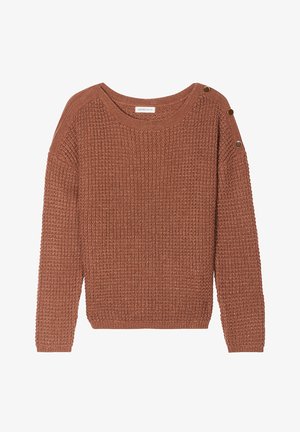 Suéter color óxido con un patrón de tejido texturizado, escote ancho y tres botones decorativos en el hombro. Mangas largas y puños acanalados.