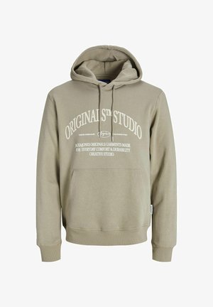 Khaki hooded sweatshirt with a front kangaroo pocket, ribbed cuffs, and a large white printed logo. Made from soft, durable fabric.
