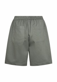 Grijze katoenen shorts met een elastische tailleband, twee achterzakken en een losse pasvorm, met een schone afwerking en eenvoudige stiksels.